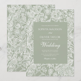 Convites Simples Sage Green Line Art Casamento de Wildflowe
