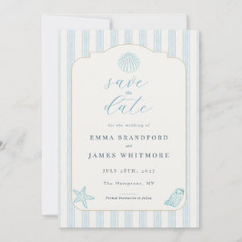 Convites Simples Save the Date de casamento azul concha mar
