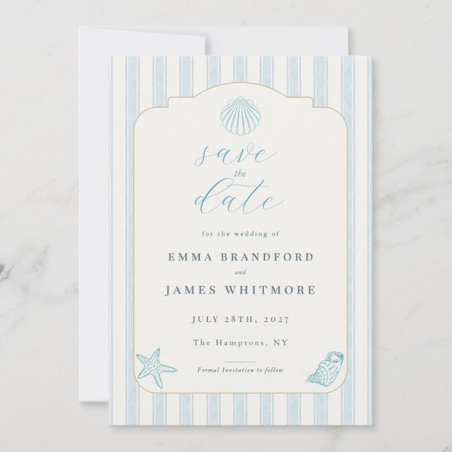 Convites Simples Save the Date de casamento azul concha mar (Frente)