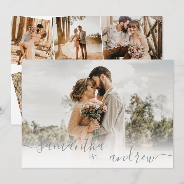 Convites Simples script azul empoeirado 5 fotos casamento (Frente/Verso)