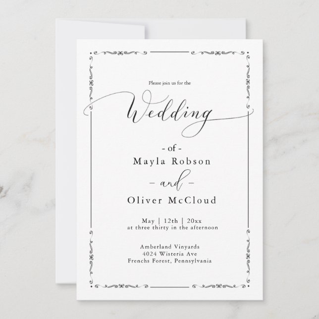 Convites Simples Script de Caligrafia Elegante Casamento (Frente)
