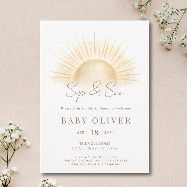 Convites Simples Sol Boêmio de Ouro Beba e Veja (Criador carregado)