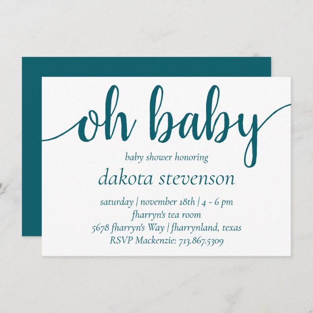 Convites Simples Teal Oh Baby | Script Flourish Azul-Verde (Frente/Verso)