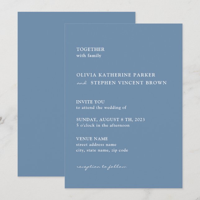 Convites Simples tipografia azul Dusty Casamento moderno (Frente/Verso)