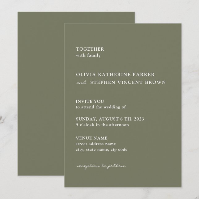 Convites Simples tipografia verde-empoeirada Casamento mode (Frente/Verso)