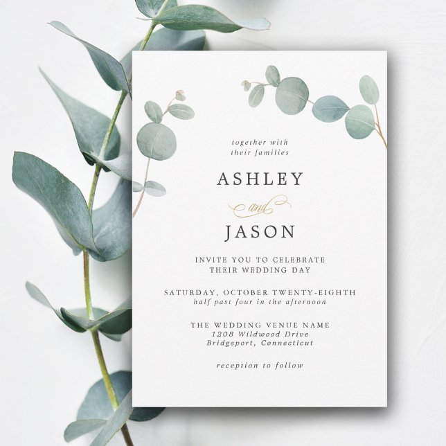 Convites Simples Verde Elegante Eucalyptus Deixa Casamento (This simple eucalyptus leaves wedding invitation is perfect for weddings in any season of the year.
)
