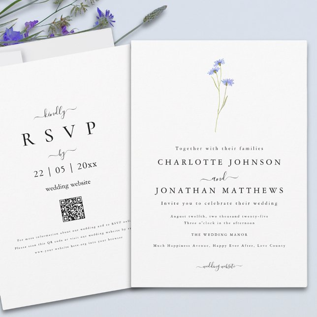 Convites Simples Wildflower Elegant Script QR code Casament (Minimalist wildflower elegant boho wedding qr code invitation )
