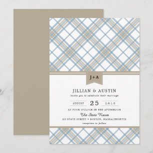 Convites Simplesmente Xadrez Azul e Bege com Casamento de M