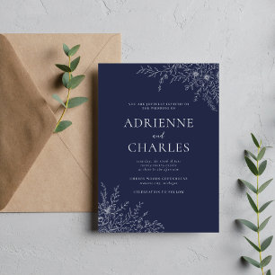 Convites Simplicidade Floral 1 Azul Marinho Escuro Casament