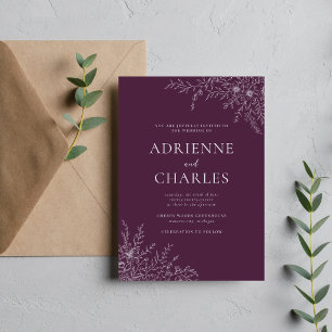 Convites Simplicidade Floral 1 Roxo Ameixa Casamento Minima