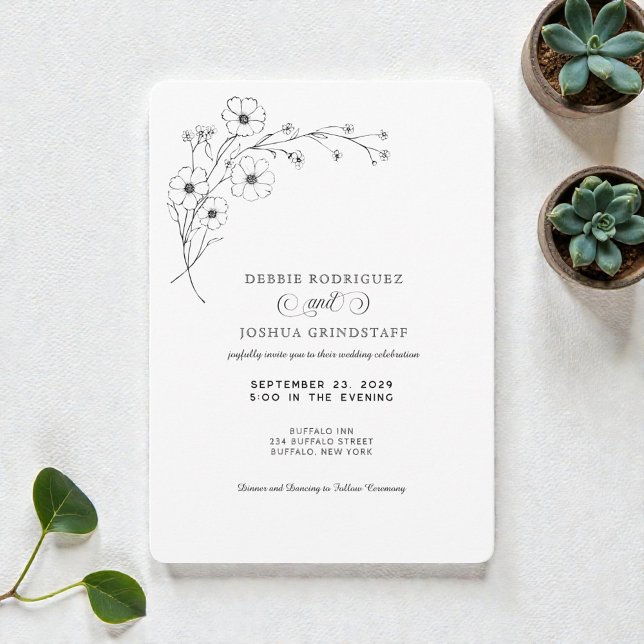 Convites Simplistic Black White Floral Wedding Invitation  (Criador carregado)