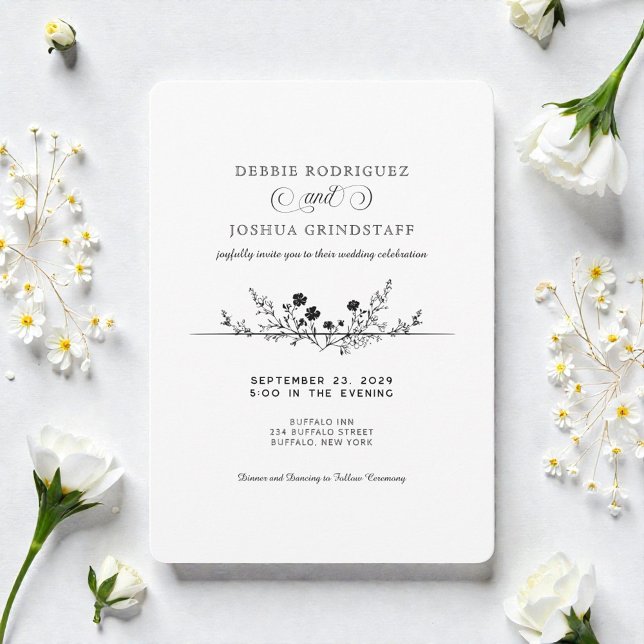 Convites Simplistic Black White Floral Wedding Invitation  (Criador carregado)