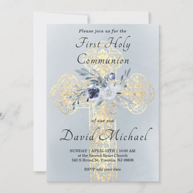 Convites simulated gold foil Holy Cross First Communion (Frente)