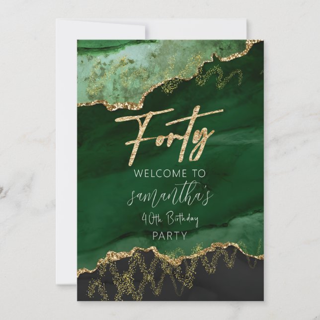Convites Sinal de 40º Aniversário Esmeralda Verde e Dourado (Frente)