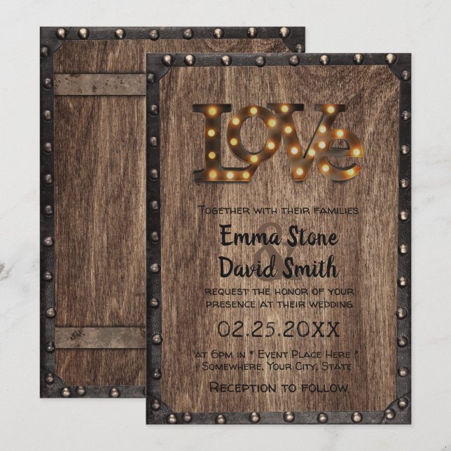 Convites Sinal de Amor Industrial Rustic Metal & Wood (Frente/Verso)