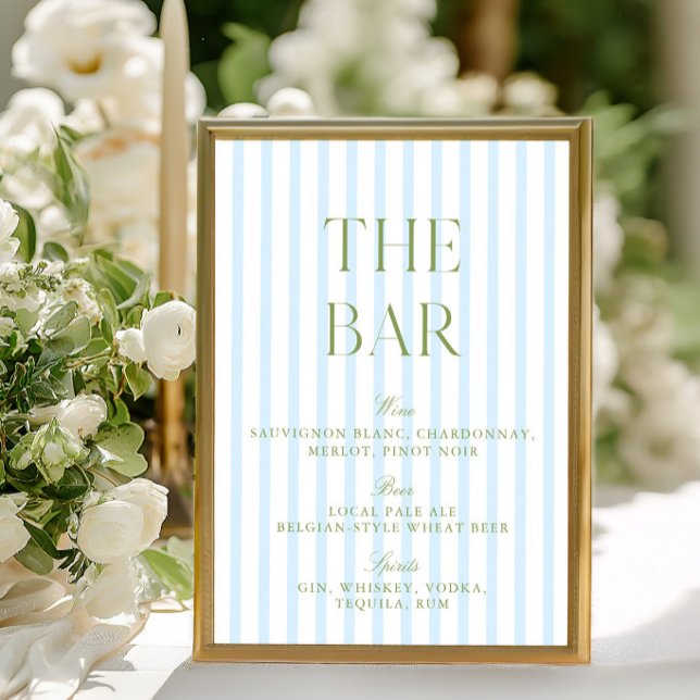 Convites Sinal de Bar de Casamento Listrado em Azul e Verde (Elegant Sage Green & Blue Striped Wedding Bar Sign)