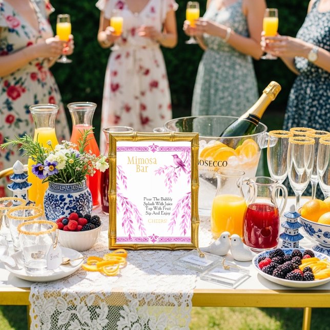 Convites Sinal de barra de Mimosa elegante pássaro rosa (Pink bird elegant Mimosa Bar Sign)