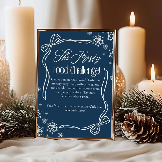 Convites Sinal de Desafio de Comida Azul de Bebê Arco conge (Frosty Bow Blue Baby Food Challenge Game Sign)