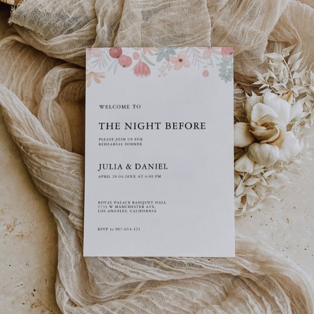 Convites Sinal de Janto de Casamento de Flores Selvagens No (Wildflower Wedding Rehearsal Dinner Sign Night, Invitation)