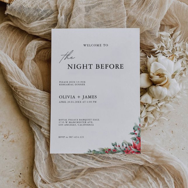 Convites Sinal de Janto de Casamento de Natal Noite, (Christmas Wedding Rehearsal Dinner Sign Night, Invitation)
