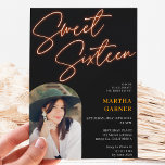 Convites Sinal de laranja neon - arco de fotos divertido Sw<br><div class="desc">Um brilhante e ousado Sinal de Laranja Neon com um doce convite de aniversário de 16 fotos em preto.</div>