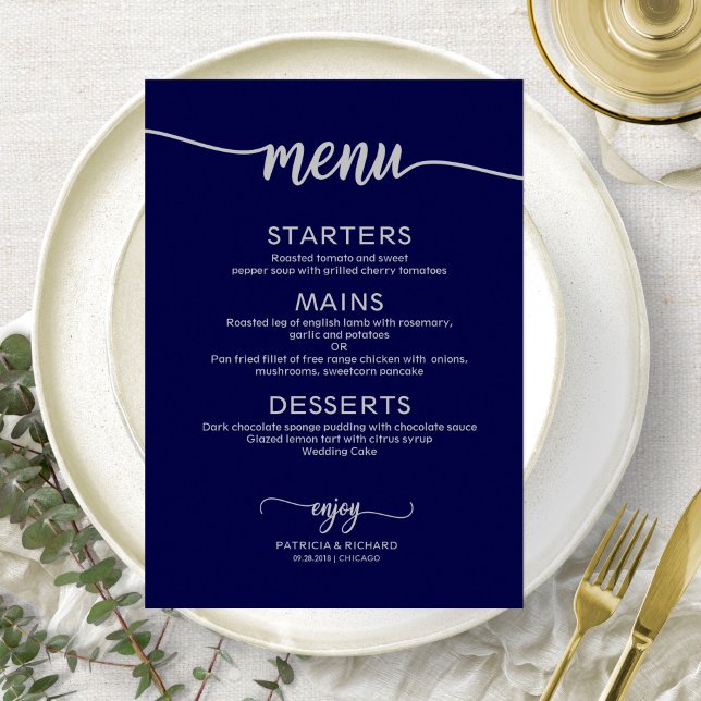 Convites Sinal de Menu de Casamento Caligrafia Azul Naval P (Criador carregado)