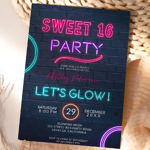 Convites Sinal de neon brilha nos tijolos cor-de-rosa escur