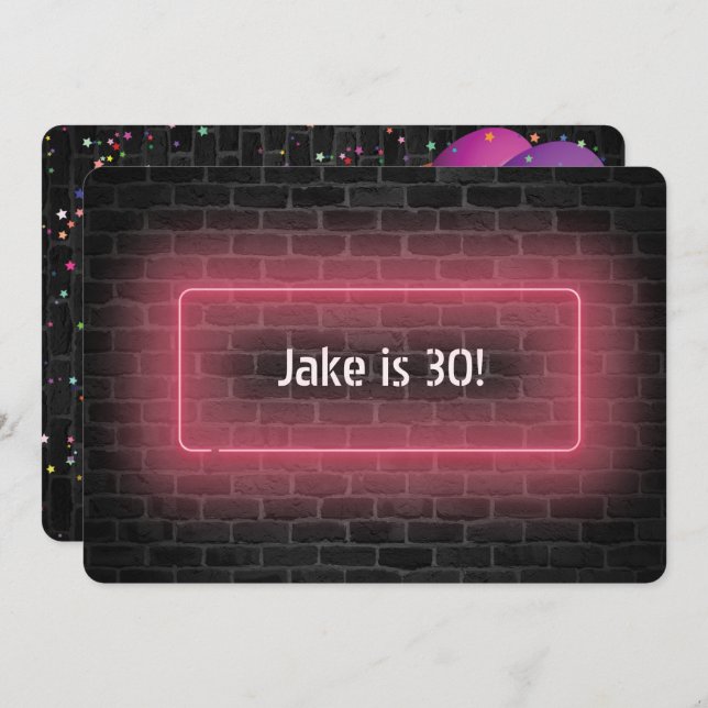Convites Sinal de néon de festa de 30º aniversário na pared (Frente/Verso)