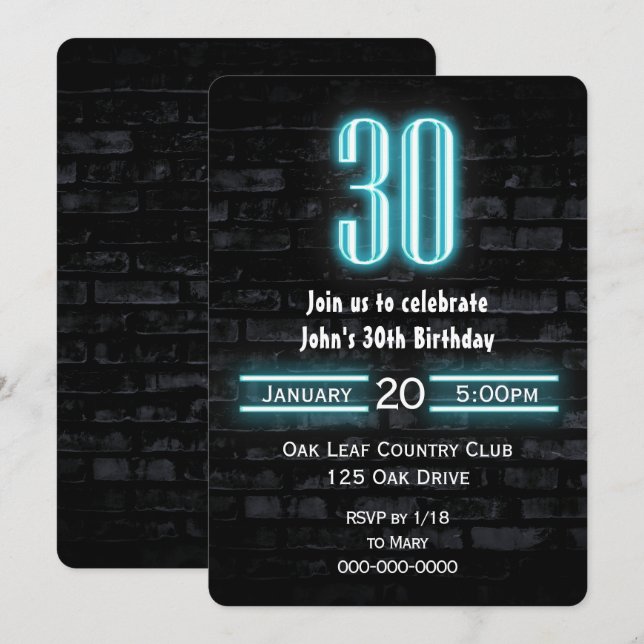 Convites Sinal de Neon do Partido aniversário de 30 anos no (Frente/Verso)