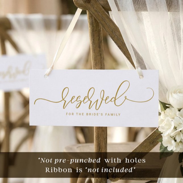 Convites Sinal de Reservado para Casamento Letra Saltitante (Gold and white bouncy swirly script wedding and event reserved cards. Not hole punched. No ribbon.)