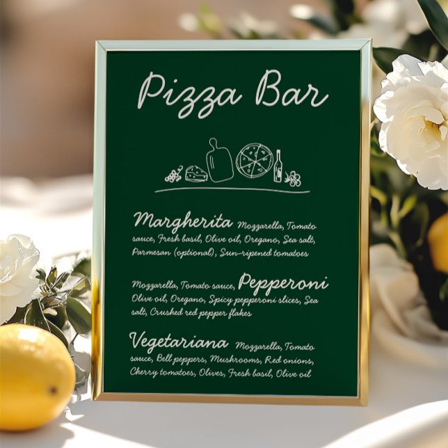 Convites Sinal de Tabletop de Bar de Pizza Desenhada em Mão (Green Hand-Drawn Pizza Bar Wedding Tabletop Sign )