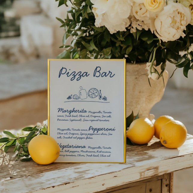 Convites Sinal de Tabletop de Casamento de Pizza Desenhada  (Retro Hand-Drawn Pizza Bar Wedding Tabletop Sign
)