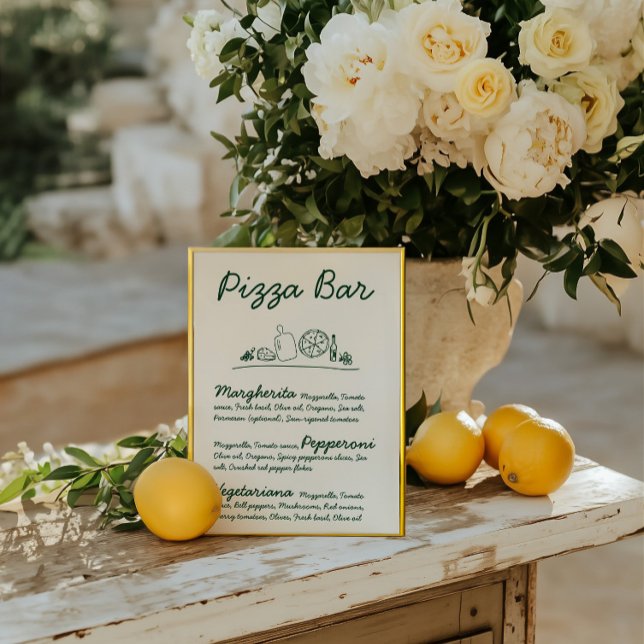 Convites Sinal de Tabletop de Casamento de Pizza Desenhada  (Retro Hand-Drawn Pizza Bar Wedding Tabletop Sign
)