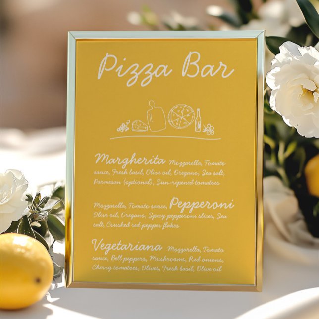 Convites Sinal de Tabletop de Casamento de Pizza Desenhada  (Retro Hand-Drawn Pizza Bar Wedding Tabletop Sign)