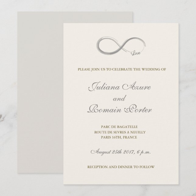 Convites Sinal infinito Casamento minimalista de cinza bran (Frente/Verso)