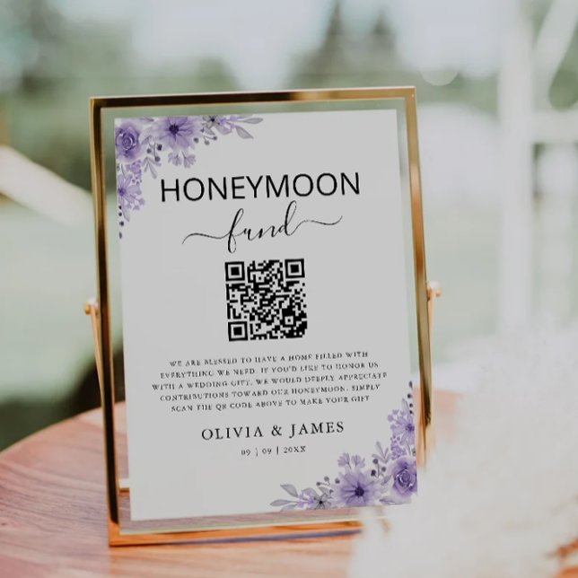 Convites Sinalização de Código QR do Fundo de Lua de mel em (Purple Honeymoon Fund QR Code Sign, Wedding Invitation)