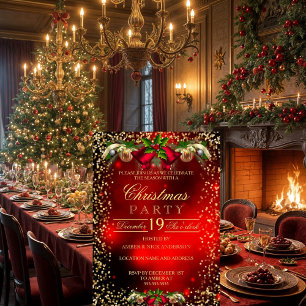 Convites Sinos de Azevinho Natal Festa Vermelho Dourado