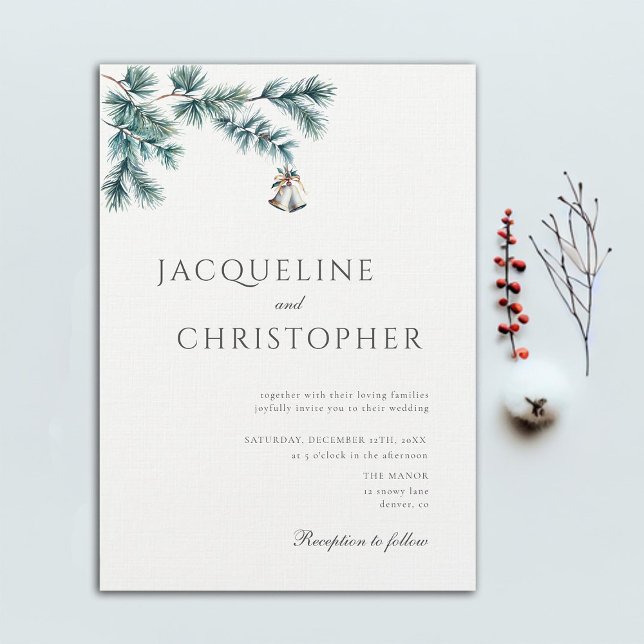 Convites Sinos De Casamento Chic Elegantes De Pinho Minimal (minimalist winter wedding invitation botanical pine branch elegant modern classic christmas bells)