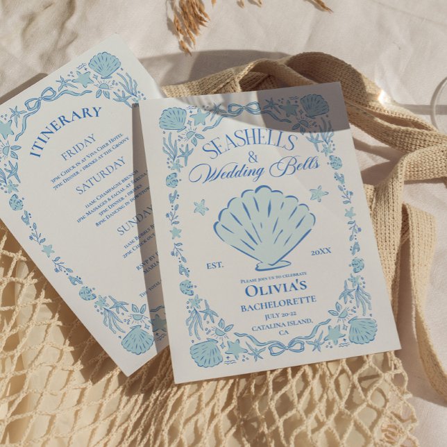 Convites Sinos de Casamento Conchas Azul de Despedida de So (Seashells Wedding Bells Bachelorette Blue Invitation)