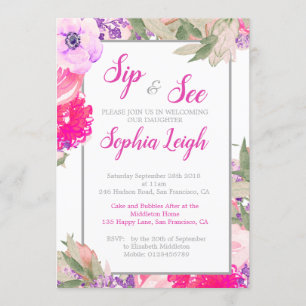 Convites Sip and See Baby Floral Rosas Pink