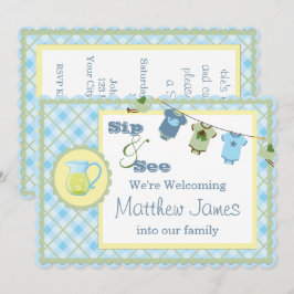 Convites Sip and See Blue Gingham Bunting Chá de fraldas
