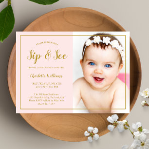 Convites Sip and See Chá de fraldas Pink Dourado Glitter P