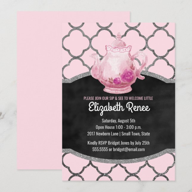 Convites Sip and See New Baby Girl Welcome Teapoies (Frente/Verso)