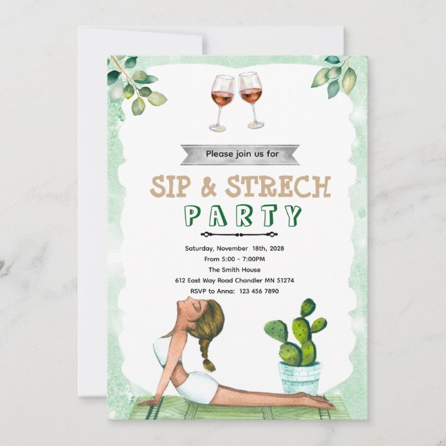 Convites Sip and Stretch Wine and Yoga invitation (Frente)