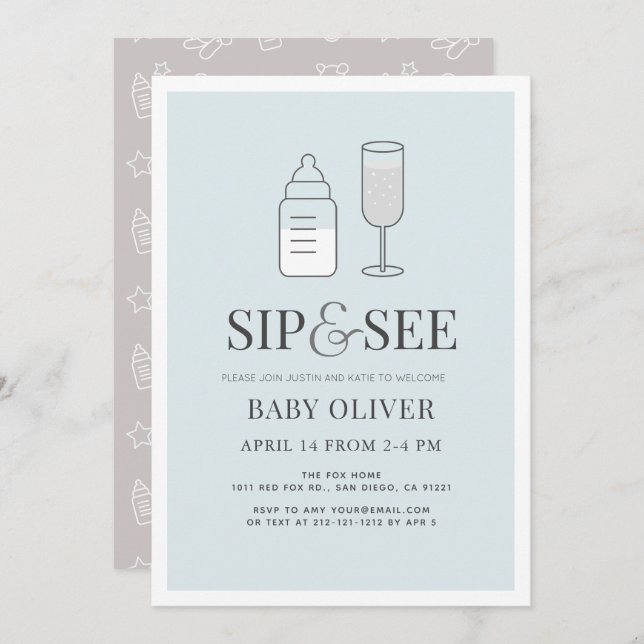 Convites Sip & Consulte Frasco de Champanhe Chá de fraldas  (Frente/Verso)