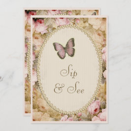 Convites Sip & Consulte Vintage Pearls Lace Rosa Borboleta