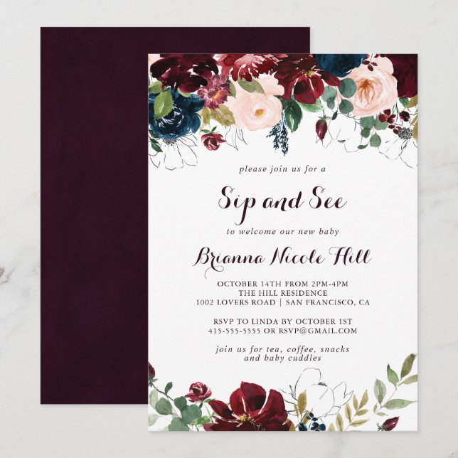 Convites Sip de Caligrafia Ilustrada de Aquarela e Consulte (Frente/Verso)