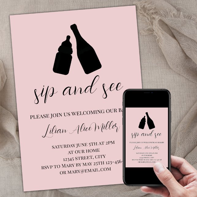 Convites Sip E Veja O Chá de fraldas Mínimo Rosa Espelhado (Sip and see invitation baby girl, baby pink, baby bottle champagne, minimalist modern elegant)