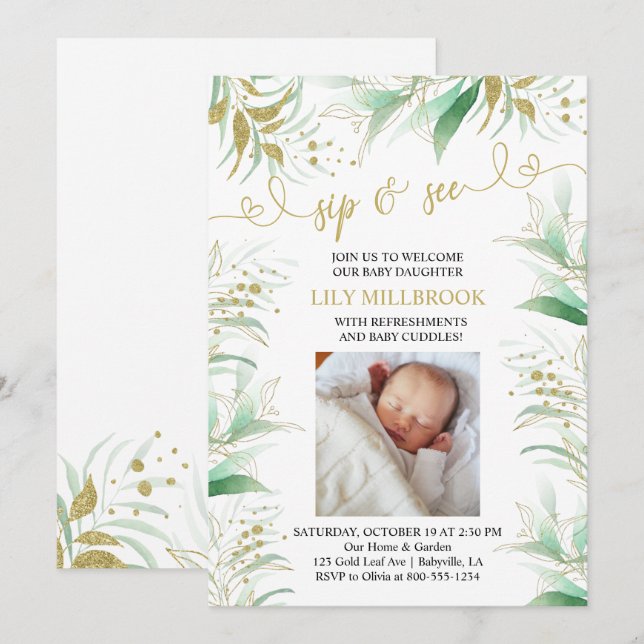 Convites Sip e veja verde verde e Dourado legante (Frente/Verso)