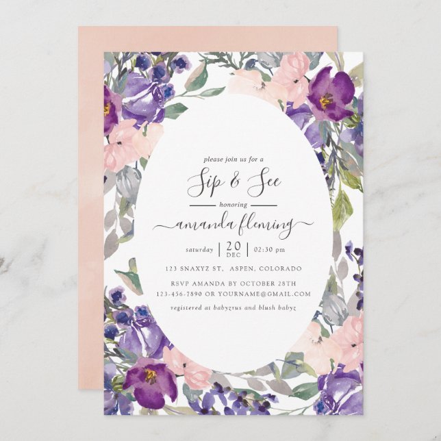 Convites Sip Floral Violet, Plum e Blush (Frente/Verso)